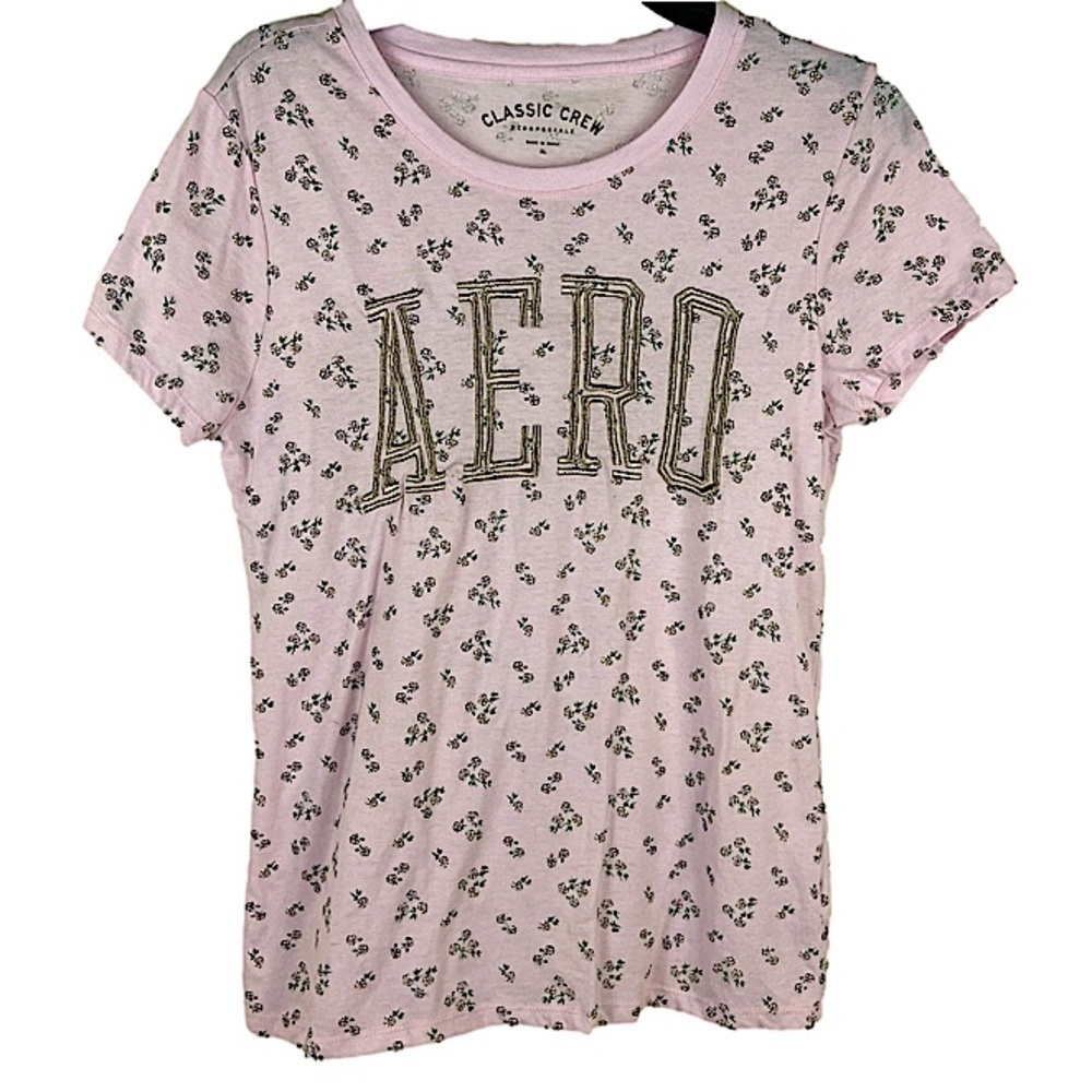 Aeropostale Classic Crew Pink with Dainty Flowers and Silver AERO Extra Large